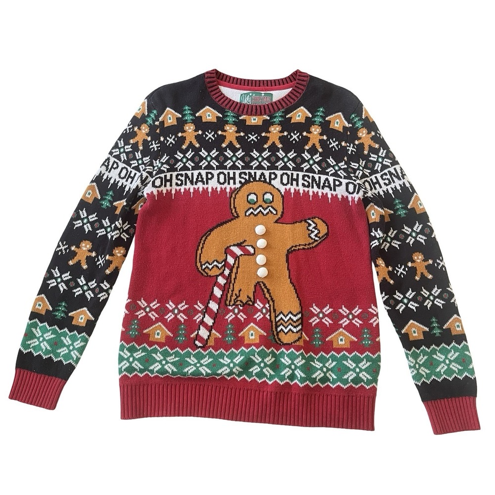 Ugly Christmas Sweater Mens Size M‎ Oh Snap Gingerbread Holiday Crewneck